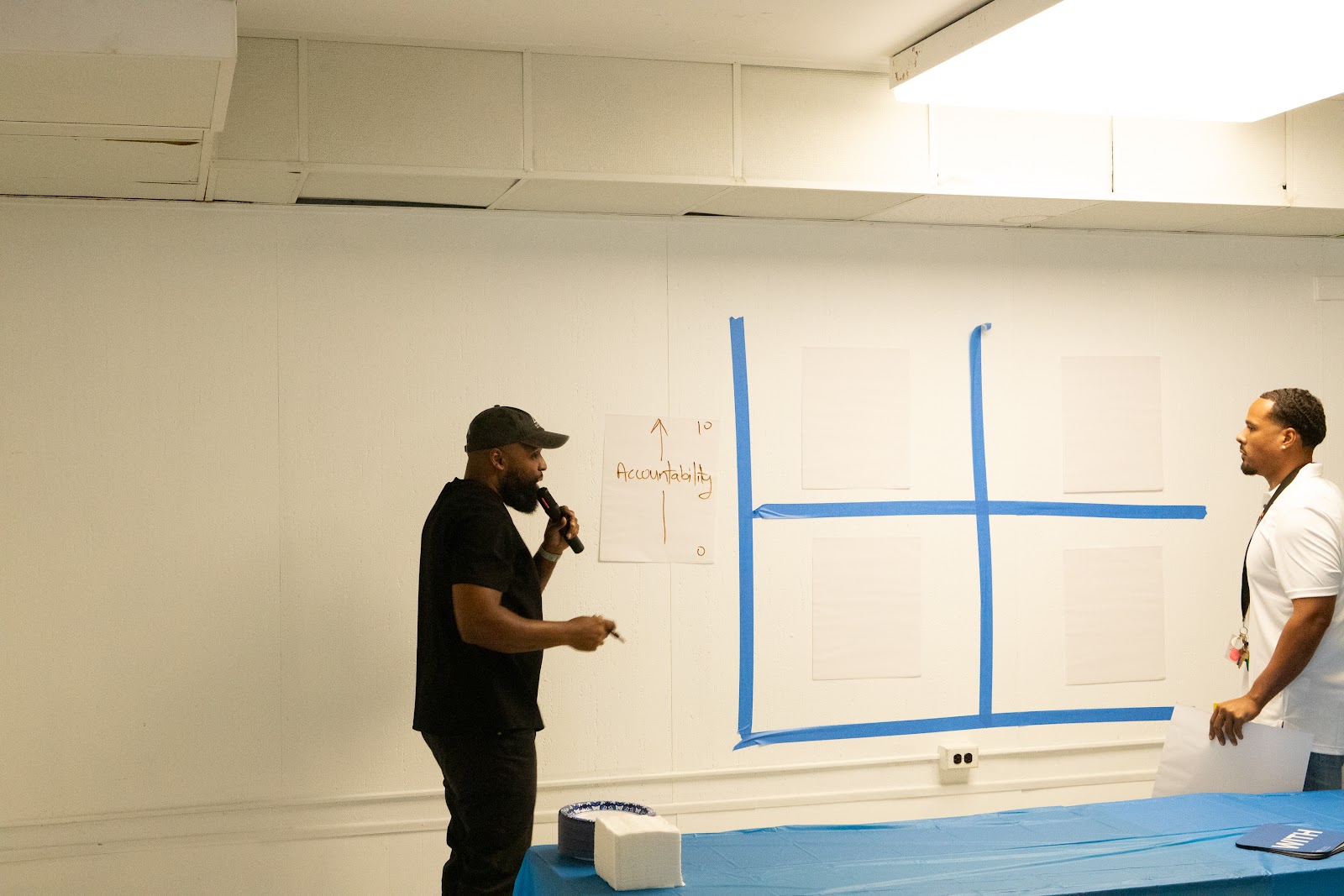 Neil Ray teaching the Relational Matrix drawn in tape on a wall
